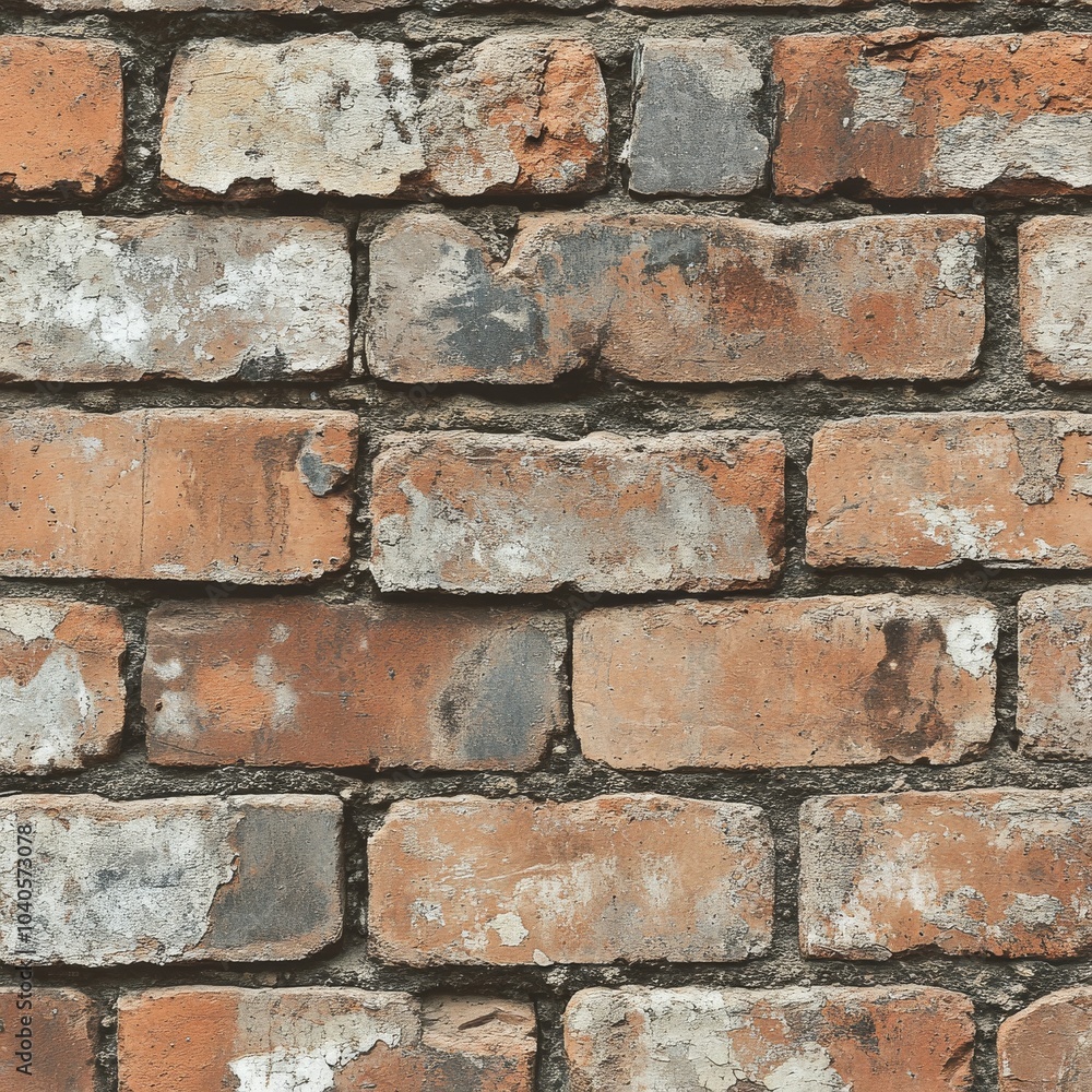 Fototapeta premium Texture of aged brick wall featuring weathered mortar and uneven surfaces in natural light