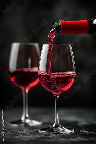 Pouring vibrant red wine into a glass against a textured black background dur...