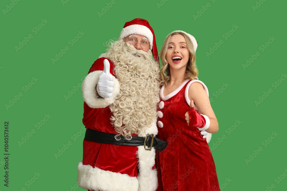 Happy young woman with Santa Claus showing thumb-up on green background Happy young woman with Santa Claus showing thumb-up on green background