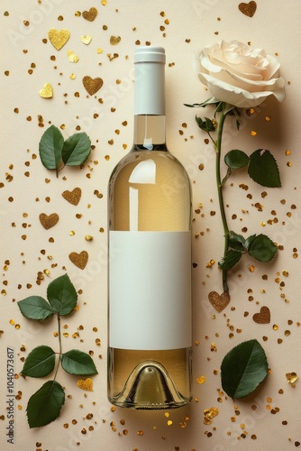 Bottle of white wine surrounded by roses and gold hearts arranged on a light ...