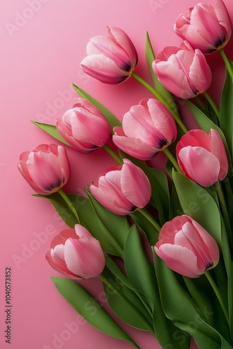 Fresh pink tulips arranged with lush green leaves on a vibrant pink background