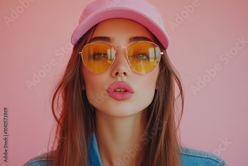 Young woman wearing a pink cap and sunglasses poses playfully against a pink ...