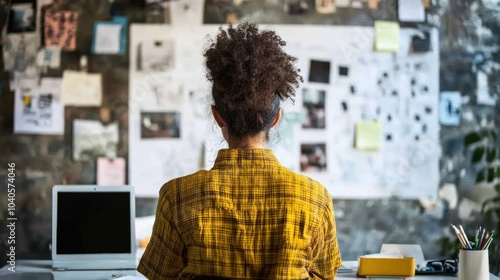 Woman Working at her Desk Looking at a Wall with Papers