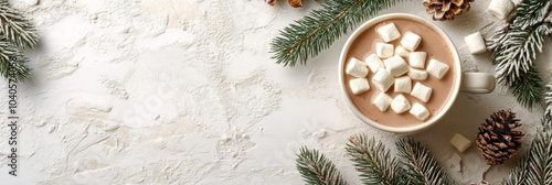 Warm cup of hot chocolate with marshmallows surrounded by festive decorations...