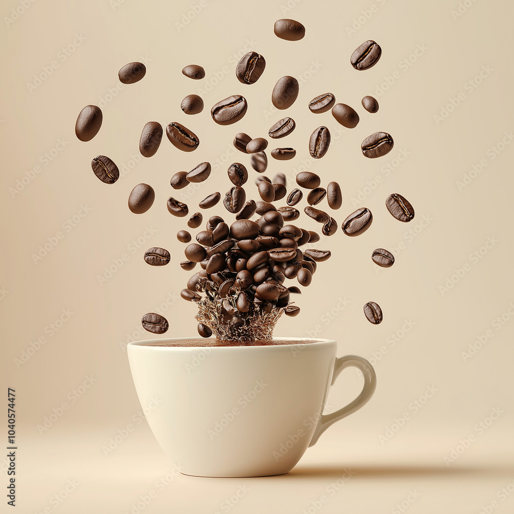 Obraz premium Coffee Beans Bursting from a Cup: A Rising Cascade of Rich, Aromatic Flavor and Energy