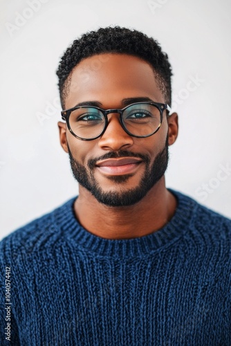 A smiling young man with glasses and a cozy sweater in a bright indoor setting