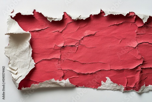 Torn red paper with a white patch revealing a textured background for creativ...