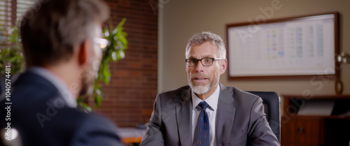 Portrait of bank employee discussing with client about financing of his business project, business cooperation and entrepreneurship support