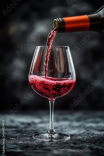 Pouring vibrant red wine into a glass against a textured black background dur...
