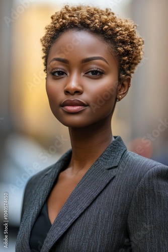 Confident woman in a tailored suit stands on a city street during golden hour