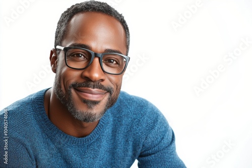 A smiling man with glasses wearing a blue sweater poses warmly against a whit...