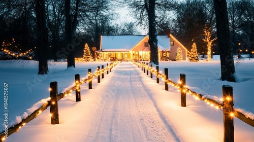 Christmas lights illuminating a snow-covered pathway, guiding the way to a cozy cabin