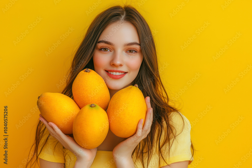 Beautiful young woman with ripe mangoes on yellow background. Beautiful young woman with ripe mangoes on yellow background.