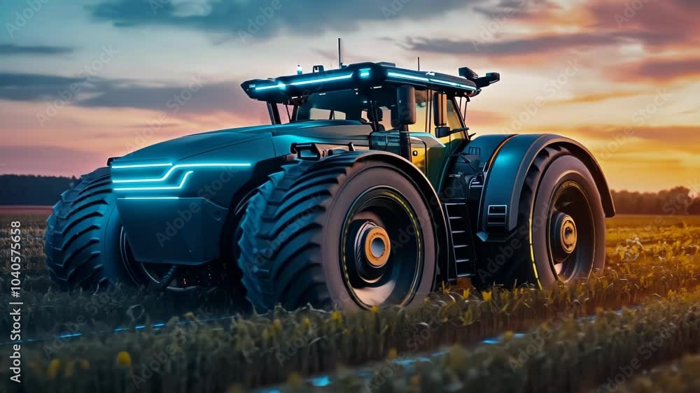 Futuristic tractor in a vibrant field at sunset, showcasing advanced agricultural technology. Futuristic tractor in a vibrant field at sunset, showcasing advanced agricultural technology.
