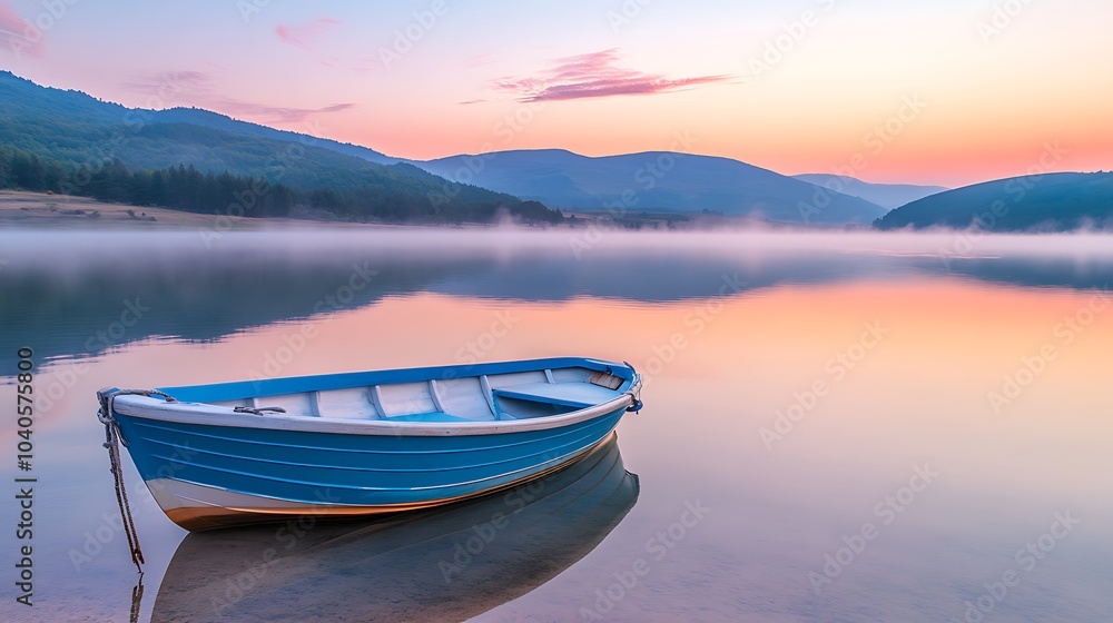 Obraz premium A tranquil lakeside at sunrise, with mist rising from the water, a small boat anchored by the shore, and the sky painted in pastel colors