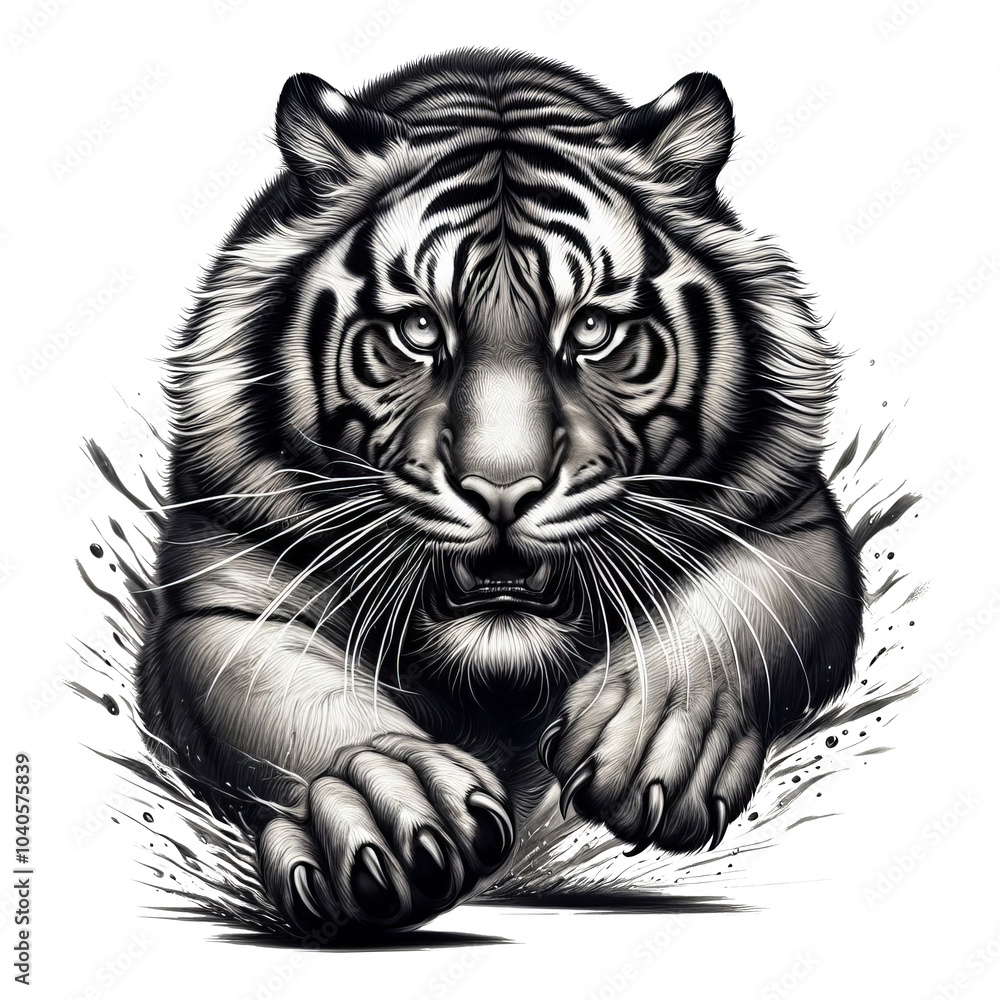 Fototapeta premium black and white action art style tiger charging the viewer with no background.