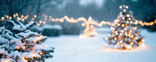 Christmas lights twinkling in a snow-covered garden, adding a magical touch to the night