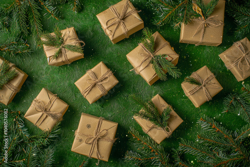 Boxes with gifts for Christmas and various attributes of holiday on a green background. Top view.