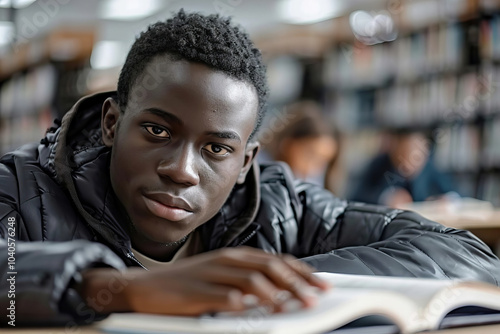 Young male college student sitting at a desk in the library, immersed in his studies