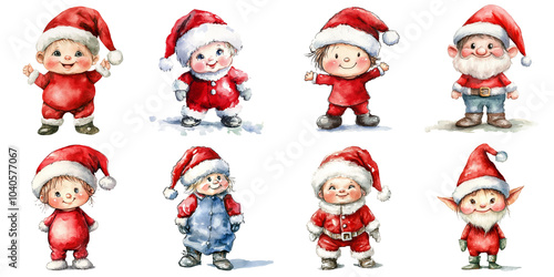 Watercolor illustration featuring a collection of adorable elves and babies dressed in Santa hats, perfect for holiday cards, decorations, and crafts.