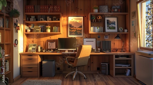 A cozy home office with a wooden desk, a comfortable chair, organized shelves, and warm lighting for a productive and inviting workspace