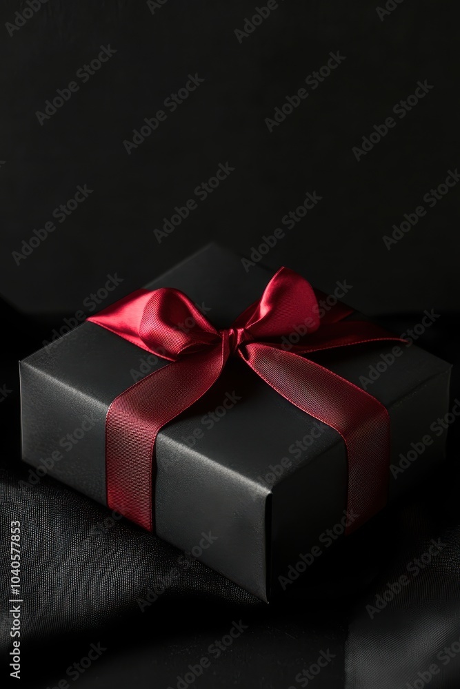 Elegant black gift box wrapped with a luxurious red satin ribbon on a dark background conveying mystery and sophistication Elegant black gift box wrapped with a luxurious red satin ribbon on a dark background conveying mystery and sophistication