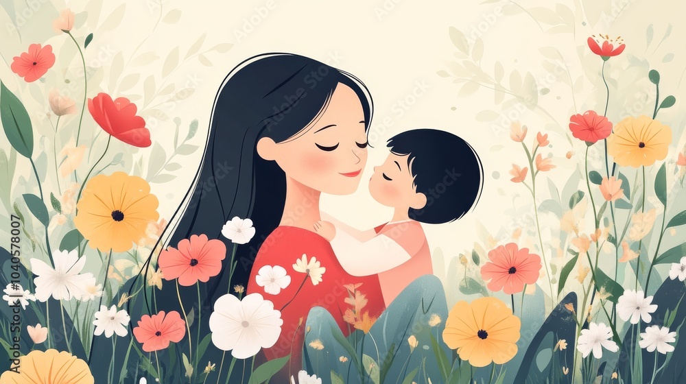 Mother's Day joy! A mother and child in a warm embrace, surrounded by a bright, cheerful backdrop. Vector illustration Mother's Day joy! A mother and child in a warm embrace, surrounded by a bright, cheerful backdrop. Vector illustration