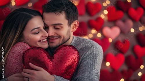 Romantic Couples Celebrating Valentine's Day at a Cozy Setting Surrounded by Heart Decorations. Generative AI