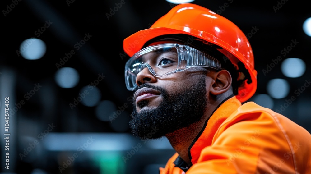 A construction worker in an orange helmet and protective goggles observes with concentration at a job site, showcasing his commitment to safety and teamwork during operations A construction worker in an orange helmet and protective goggles observes with concentration at a job site, showcasing his commitment to safety and teamwork during operations