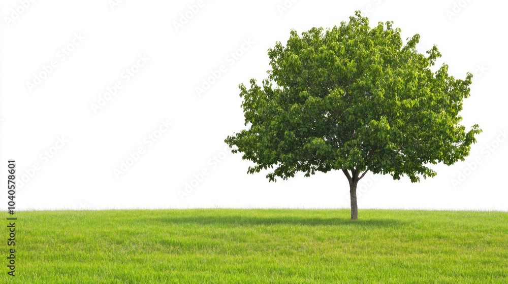 A lush green tree rises proudly over a sprawling field of bright grass, illuminated by sunshine on a clear day, creating a peaceful and serene atmosphere A lush green tree rises proudly over a sprawling field of bright grass, illuminated by sunshine on a clear day, creating a peaceful and serene atmosphere