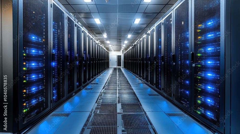 Fototapeta premium Servers and cloud infrastructure in a data center, showcasing the backbone of modern digitalization and cloud computing systems