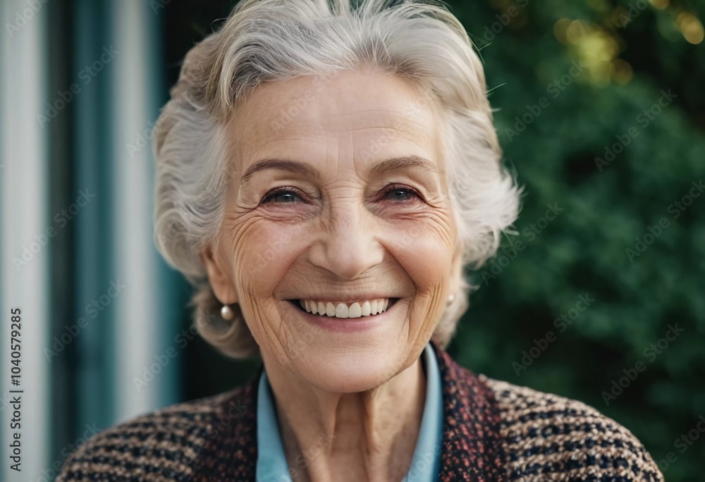 Sophisticated smiling older French woman in the open air. Demeanor reveals a lifetime of experiences and reflections, embodying grace and wisdom. Well-groomed woman 70 years old with grey hair. AI Sophisticated smiling older French woman in the open air. Demeanor reveals a lifetime of experiences and reflections, embodying grace and wisdom. Well-groomed woman 70 years old with grey hair. AI