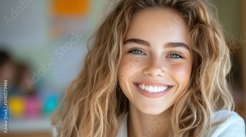 Wallpaper Mural A cheerful girl with curly hair and bright blue eyes grins widely, surrounded by playful classroom decor. Her joyful expression reflects the lively atmosphere of a sunny day at school Torontodigital.ca