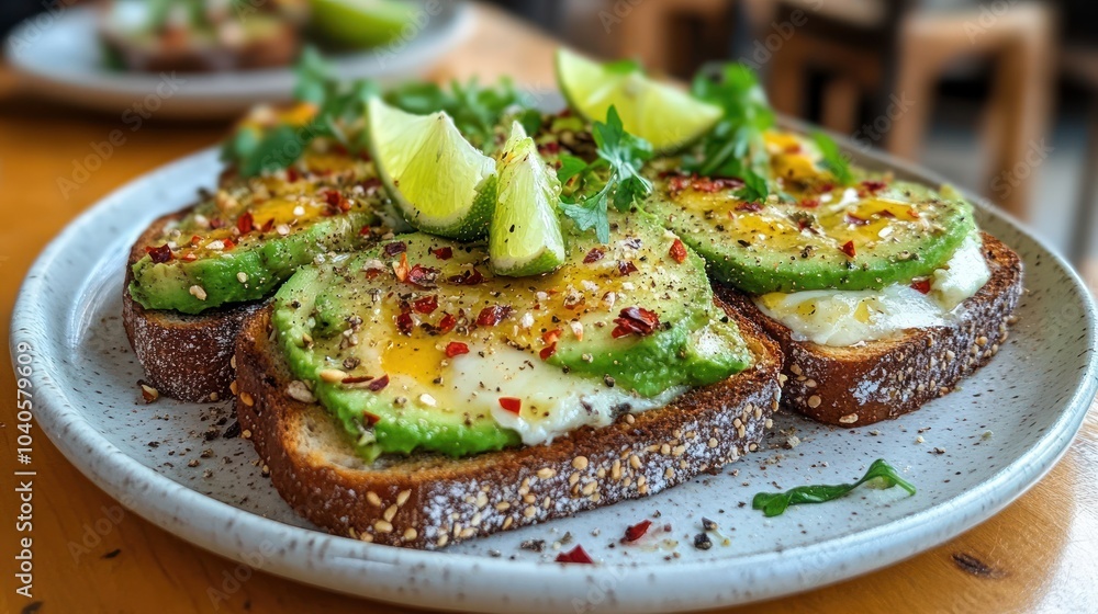 Sliced avocado on toast garnished with lime and spices. Sliced avocado on toast garnished with lime and spices.