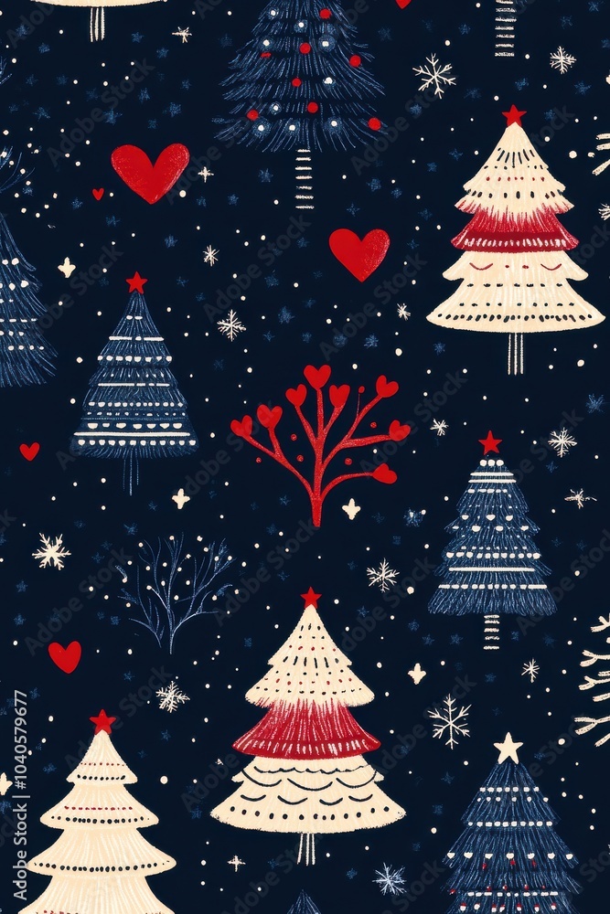 Festive Christmas sweater pattern featuring trees, hearts, and stars with a warm holiday theme on a dark blue background Festive Christmas sweater pattern featuring trees, hearts, and stars with a warm holiday theme on a dark blue background