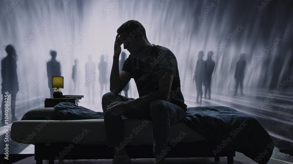 Silhouette Of Lonely Person Sitting On Bed Surrounded By Shadowy Figures Mental Health Isolation Depression Silhouette Of Lonely Person Sitting On Bed Surrounded By Shadowy Figures Mental Health Isolation Depression