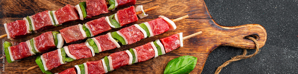 meat kebab raw vegetable, beef, lard, pepper dish fresh gourmet food background on the table rustic food top view copy space meat kebab raw vegetable, beef, lard, pepper dish fresh gourmet food background on the table rustic food top view copy space