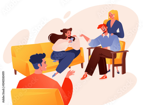 Home gatherings, family or friends visiting. Concept of socialization, communication, friendship, or psychotherapy. Group of people talking to each other, smiling and laughing, listening each other