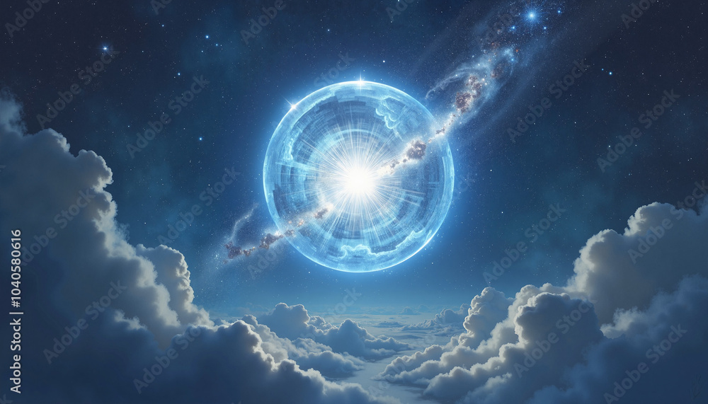 Obraz premium Illuminated celestial sphere radiating light in a cosmic atmosphere above clouds