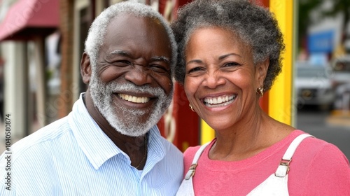 An elderly couple stands outdoors, smiling joyfully at one another. Their joyful expressions reflect their strong bond, set against a lively urban backdrop filled with warm colors