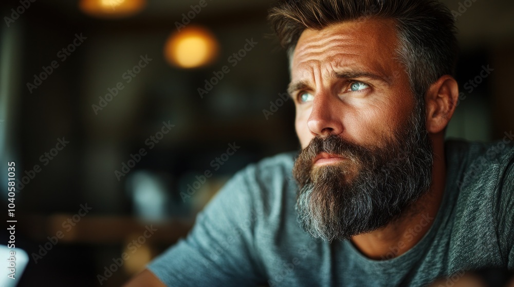 A man with a well-groomed beard gazes thoughtfully out of a window in a cafГ©, lost in deep contemplation as the warm afternoon light fills the space around him A man with a well-groomed beard gazes thoughtfully out of a window in a cafГ©, lost in deep contemplation as the warm afternoon light fills the space around him