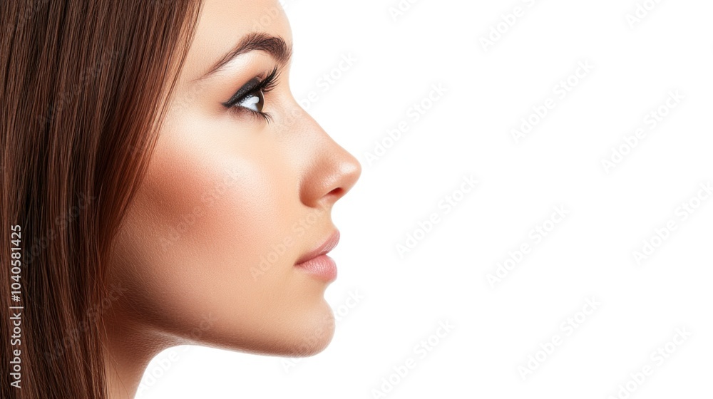 A woman poses in profile, highlighting her refined facial features and healthy skin. The soft lighting accentuates her natural beauty, emphasizing elegance and poise A woman poses in profile, highlighting her refined facial features and healthy skin. The soft lighting accentuates her natural beauty, emphasizing elegance and poise