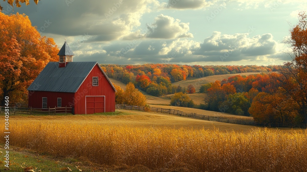 A picturesque autumn view captures a red barn nestled in golden fields, with colorful trees and rolling hills in the background under a cloudy sky during the late afternoon light