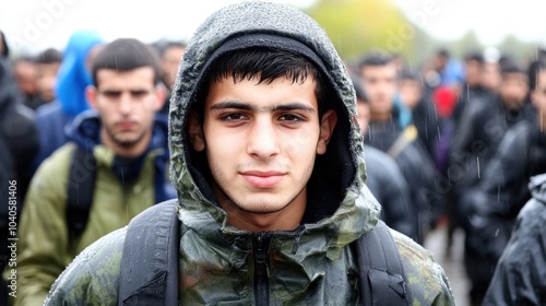 A determined young migrant stands in the rain, surrounded by a group of individuals, as they navigate difficult conditions while seeking a better future together