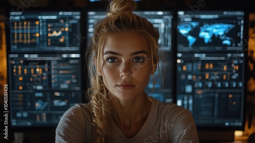In a dimly lit space, a young woman intently examines various digital dashboards on large screens. Her concentration suggests an important analysis or decision-making process Free Download In a dimly lit space, a young woman intently examines various digital dashboards on large screens. Her concentration suggests an important analysis or decision-making process - GFXLoad
