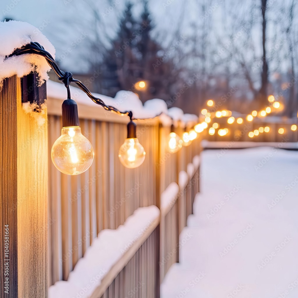 String lights hanging from a wooden fence, illuminating a snowy backyard String lights hanging from a wooden fence, illuminating a snowy backyard