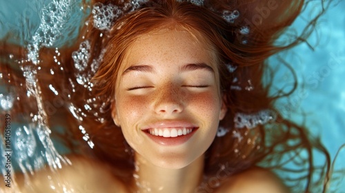 A young woman is floating in a clear blue pool, her long hair spread out in the water. She has a joyful expression, eyes closed, embracing the warmth of the sun on a sunny day