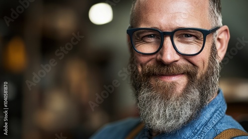 A cheerful man with a full beard and stylish glasses sits in a bustling workshop. His joyful expression showcases his passion for craftsmanship amid the warm, inviting atmosphere