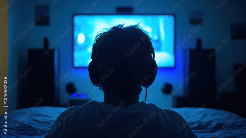 A young individual is immersed in a film experience, sitting on a bed surrounded by soft lighting, with headphones on, creating a focused atmosphere in the evening A young individual is immersed in a film experience, sitting on a bed surrounded by soft lighting, with headphones on, creating a focused atmosphere in the evening