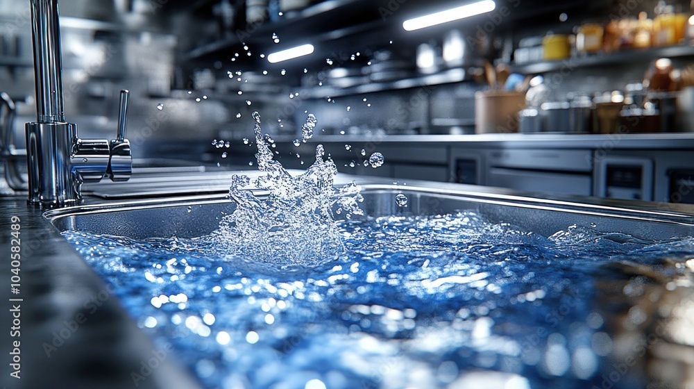 Splashing water in a kitchen sink, highlighting cleanliness. Splashing water in a kitchen sink, highlighting cleanliness.